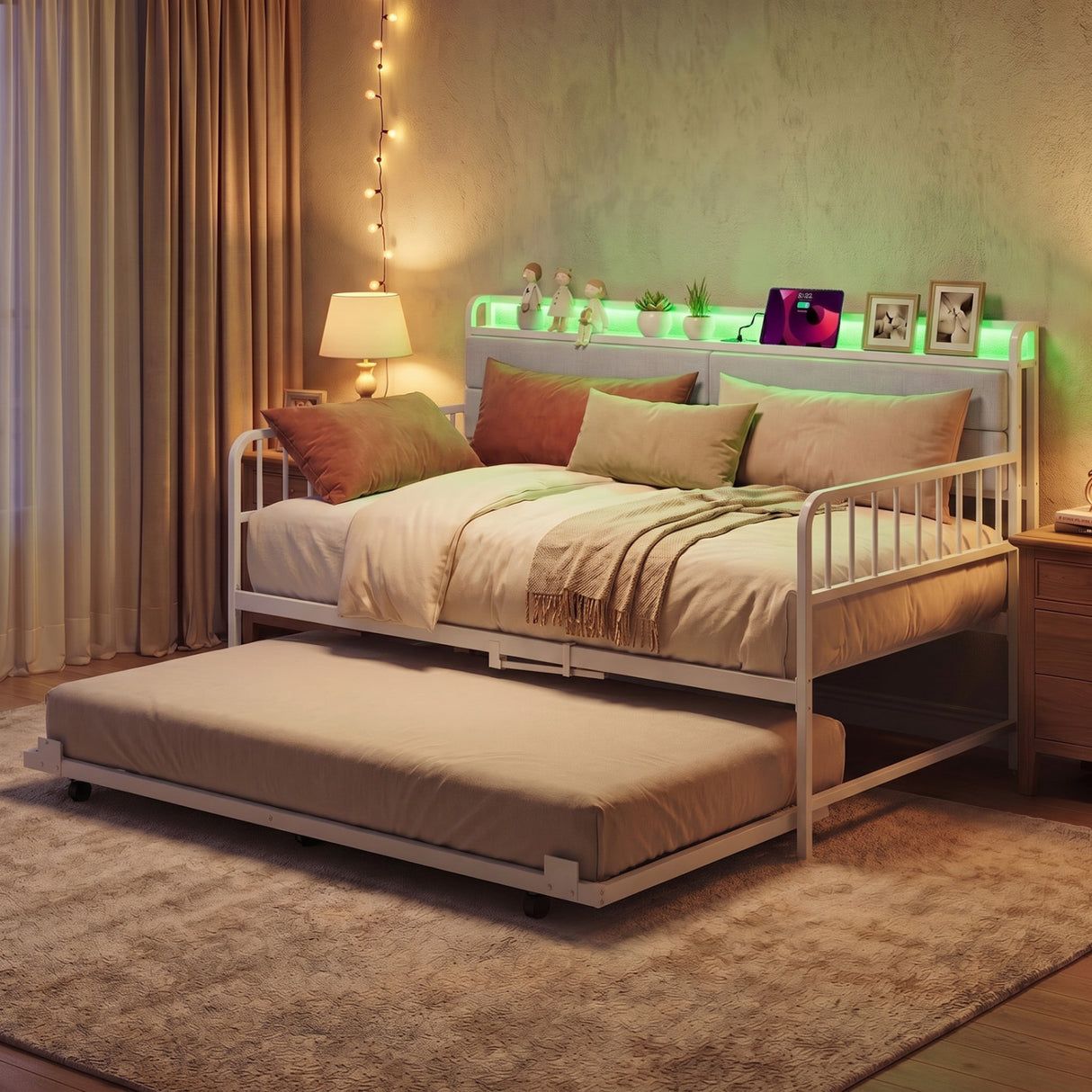 Twin Size Daybed with Trundle and Metal Bed Frame with Headboard-White