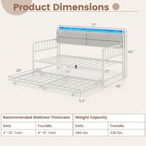 Twin Size Daybed with Trundle and Metal Bed Frame with Headboard-White