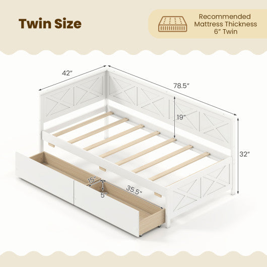 Twin Size Daybed with 2 Storage Drawers No Box Spring Needed-White