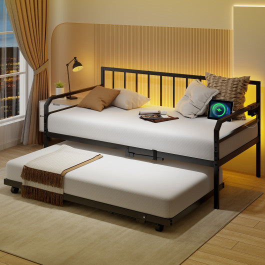 Adjustable Metal Twin Size Daybed with Charging Station and LED Light-Black