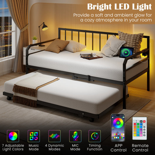 Adjustable Metal Twin Size Daybed with Charging Station and LED Light-Black