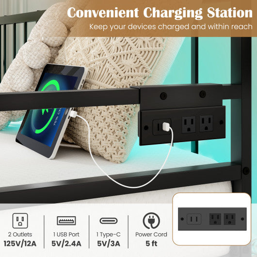 Adjustable Metal Twin Size Daybed with Charging Station and LED Light-Black