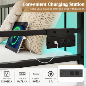 Adjustable Metal Twin Size Daybed with Charging Station and LED Light-Black