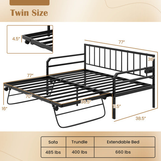 Adjustable Metal Twin Size Daybed with Charging Station and LED Light-Black
