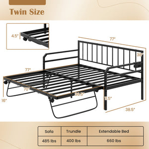 Adjustable Metal Twin Size Daybed with Charging Station and LED Light-Black