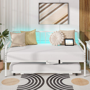 Adjustable Metal Twin Size Daybed with Charging Station and LED Light-White