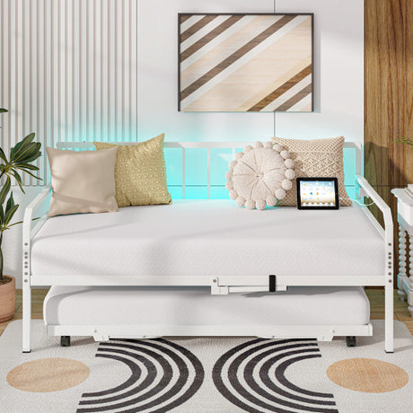 Adjustable Metal Twin Size Daybed with Charging Station and LED Light-White