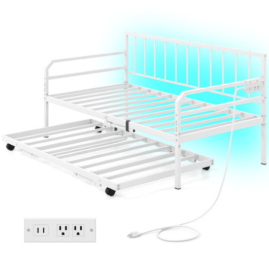 Adjustable Metal Twin Size Daybed with Charging Station and LED Light-White