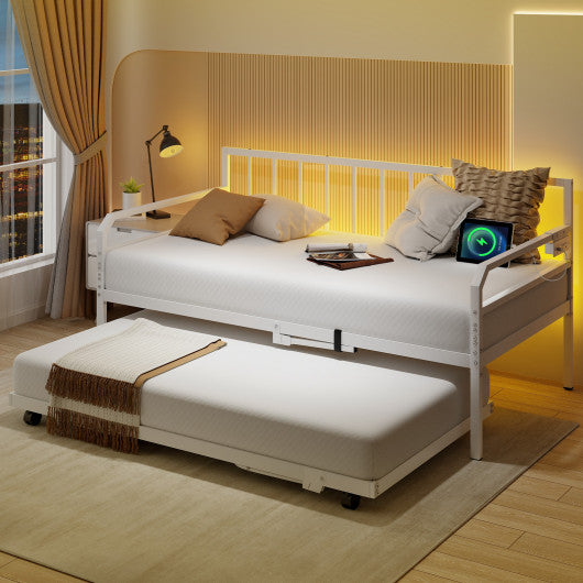 Adjustable Metal Twin Size Daybed with Charging Station and LED Light-White