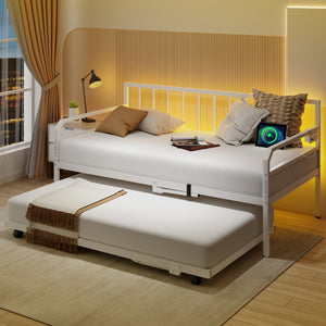 Adjustable Metal Twin Size Daybed with Charging Station and LED Light-White