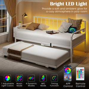 Adjustable Metal Twin Size Daybed with Charging Station and LED Light-White