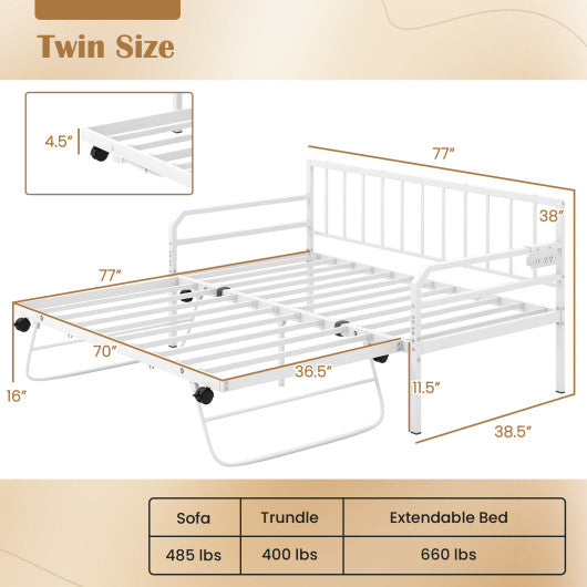 Adjustable Metal Twin Size Daybed with Charging Station and LED Light-White