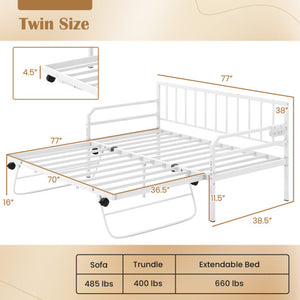 Adjustable Metal Twin Size Daybed with Charging Station and LED Light-White
