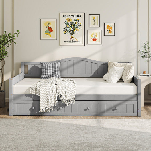 Twin Size Daybed with Trundle and Slats Support on Wheels-Gray