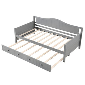 Twin Size Daybed with Trundle and Slats Support on Wheels-Gray