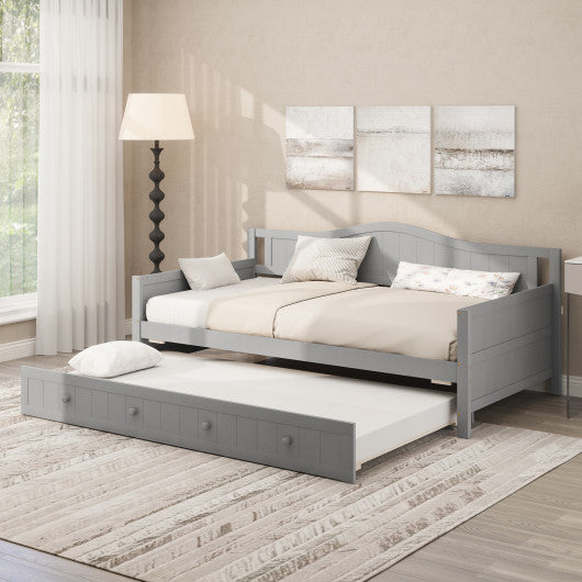 Twin Size Daybed with Trundle and Slats Support on Wheels-Gray