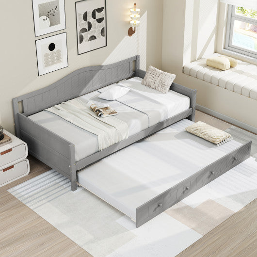 Twin Size Daybed with Trundle and Slats Support on Wheels-Gray