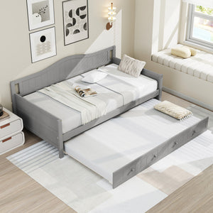 Twin Size Daybed with Trundle and Slats Support on Wheels-Gray