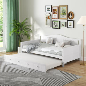 Twin Size Daybed with Trundle and Slats Support on Wheels-White