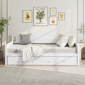 Twin Size Daybed with Trundle and Slats Support on Wheels-White