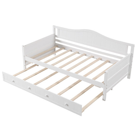 Twin Size Daybed with Trundle and Slats Support on Wheels-White