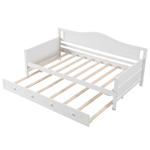 Twin Size Daybed with Trundle and Slats Support on Wheels-White