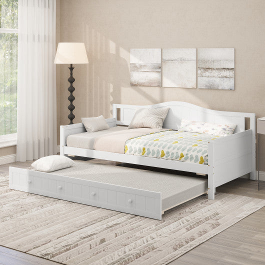 Twin Size Daybed with Trundle and Slats Support on Wheels-White