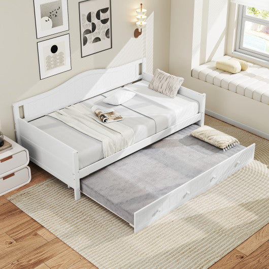 Twin Size Daybed with Trundle and Slats Support on Wheels-White