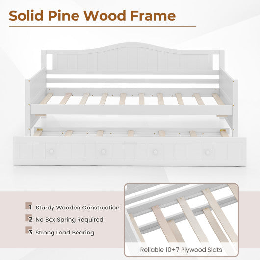 Twin Size Daybed with Trundle and Slats Support on Wheels-White