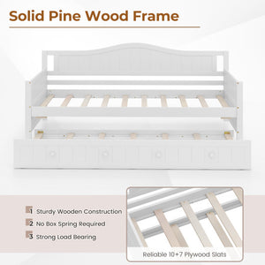 Twin Size Daybed with Trundle and Slats Support on Wheels-White