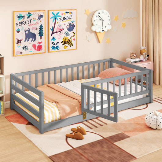 Twin Size Floor Bed with High Fence and Door Playhouse for Kids-Gray