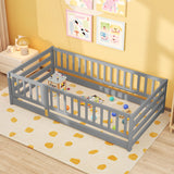 Twin Size Floor Bed with High Fence and Door Playhouse for Kids-Gray