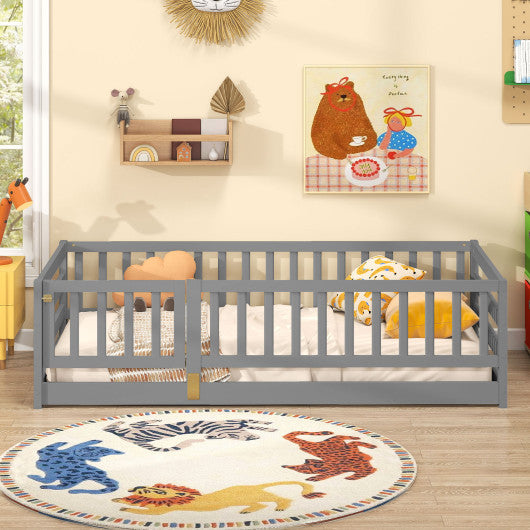 Twin Size Floor Bed with High Fence and Door Playhouse for Kids-Gray