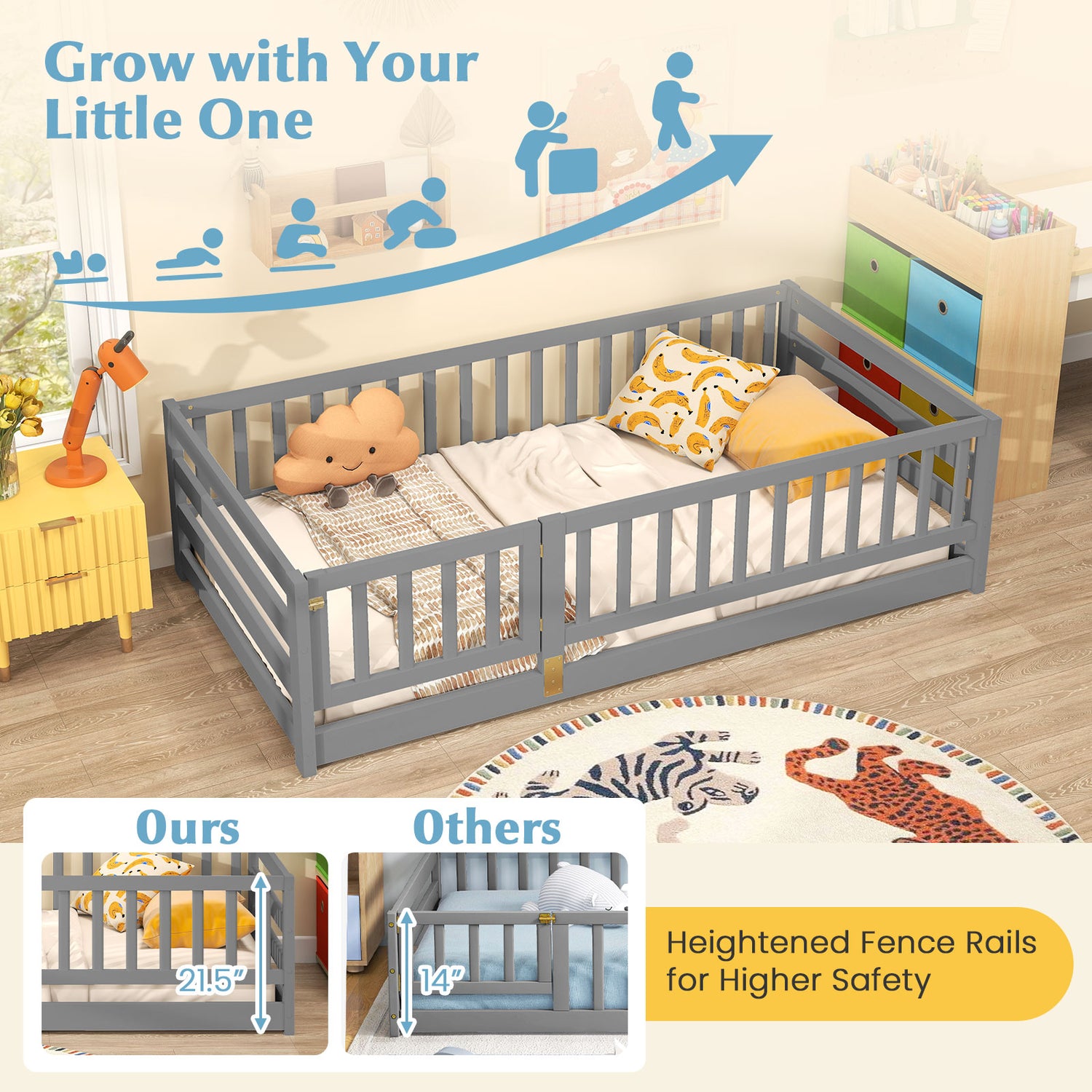 Twin Size Floor Bed with High Fence and Door Playhouse for Kids-Gray