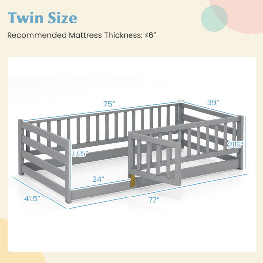 Twin Size Floor Bed with High Fence and Door Playhouse for Kids-Gray