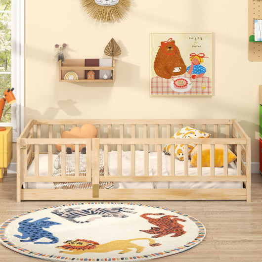 Twin Size Floor Bed with High Fence and Door Playhouse for Kids-Natural