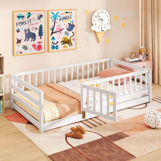 Twin Size Floor Bed with High Fence and Door Playhouse for Kids-White