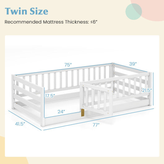 Twin Size Floor Bed with High Fence and Door Playhouse for Kids-White