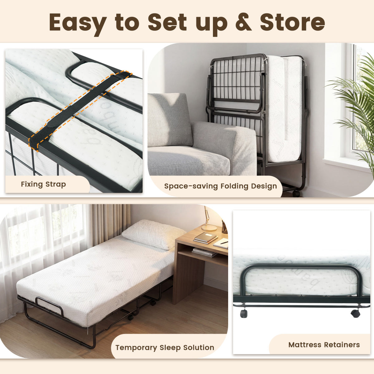Twin Size Folding Bed with 5-inch Mattress and Metal Frame for Apartment