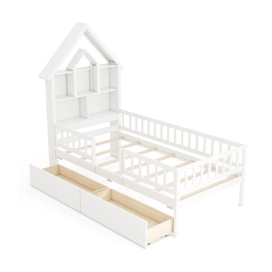 Twin Size House Bed Kids Montessori Bed with House-Shaped Storage Headboard-White