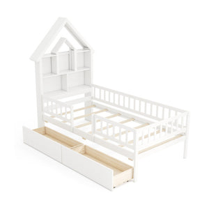 Twin Size House Bed Kids Montessori Bed with House-Shaped Storage Headboard-White