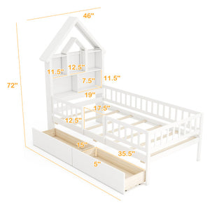 Twin Size House Bed Kids Montessori Bed with House-Shaped Storage Headboard-White