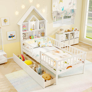 Twin Size House Bed Kids Montessori Bed with House-Shaped Storage Headboard-White