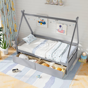 Twin Size House Bed with Roof and Safety Guardrail-Gray