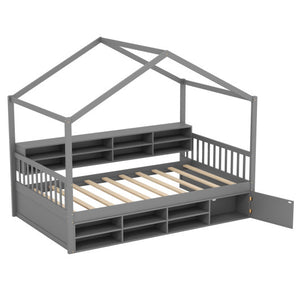 Twin Size House Bed with Roof with 14 Storage Cubes and Enclosed Cabinet-Gray