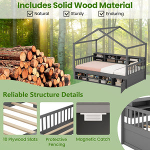 Twin Size House Bed with Roof with 14 Storage Cubes and Enclosed Cabinet-Gray