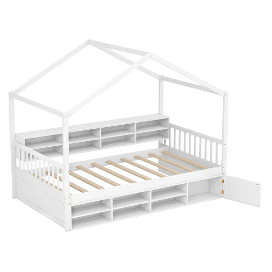Twin Size House Bed with Roof with 14 Storage Cubes and Enclosed Cabinet-White
