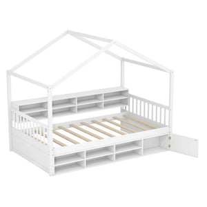 Twin Size House Bed with Roof with 14 Storage Cubes and Enclosed Cabinet-White