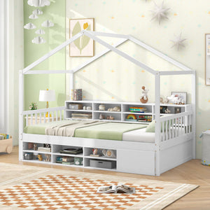 Twin Size House Bed with Roof with 14 Storage Cubes and Enclosed Cabinet-White