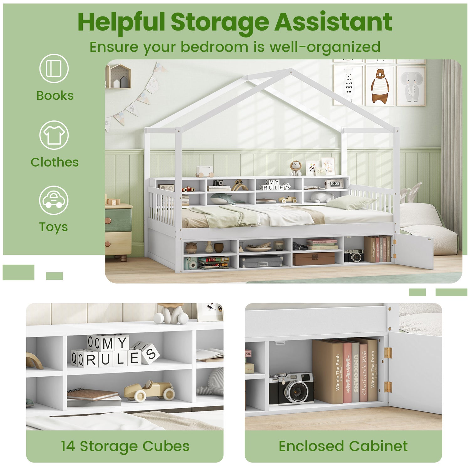 Twin Size House Bed with Roof with 14 Storage Cubes and Enclosed Cabinet-White
